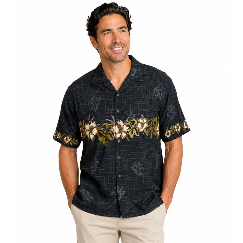 Vintage 80s Hilo Hattie Men's Large Hawaiian Shirt Black Floral Cotton